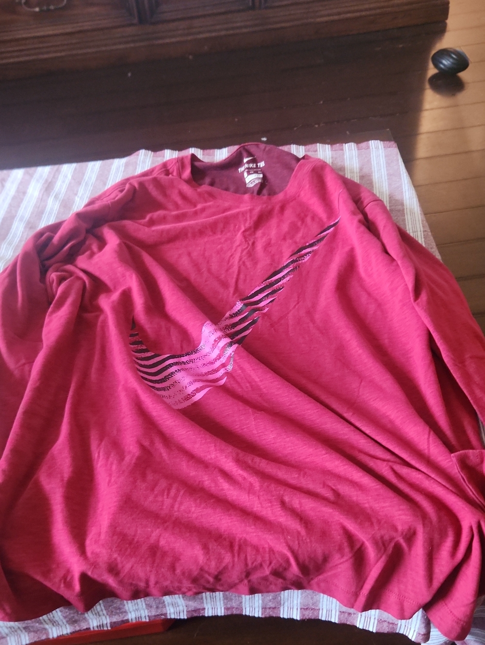 Nike Pink-Red Long Sleeve Tee with Striped Swoosh